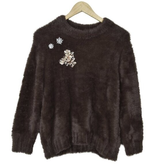 NWT Zara Faux Fur Knit Sweater w/ Brooches Brown Soft Size Medium - Picture 3 of 12